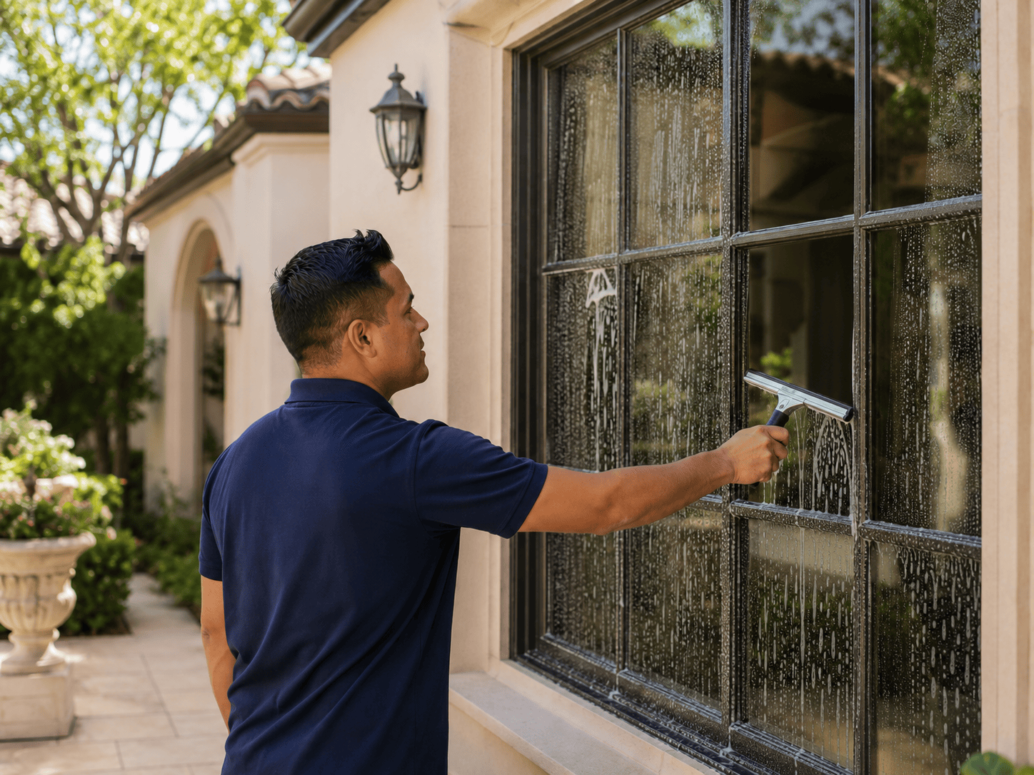 ATCP technician using a squeegee to clean an exterior residential window